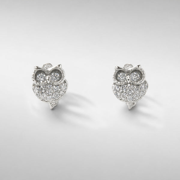 Owl Silvertone Crystal Earrings