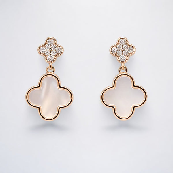 Rose Gold Tone Clover Dangle Earrings with White Inlay and Crystals
