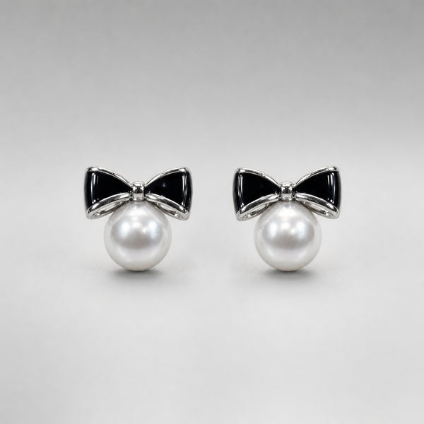 Silvertone Alloy Bow Design with Simulated Pearl Earrings