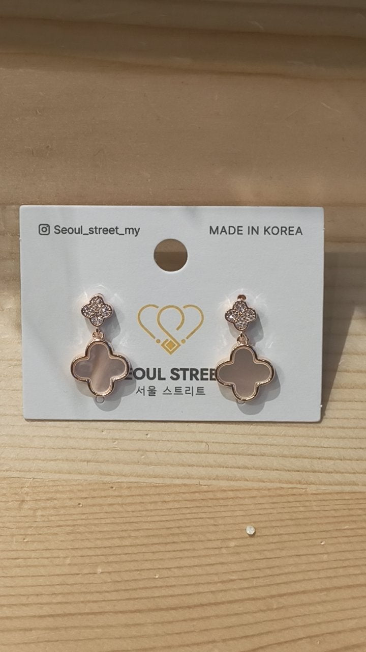 Rose Gold Tone Clover Dangle Earrings with White Inlay and Crystals